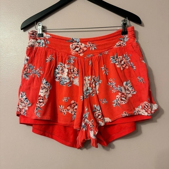 Torrid Crinkle Gauze Shorts Coral / Red  Floral High Waisted Pull On Size 0 - Picture 2 of 7